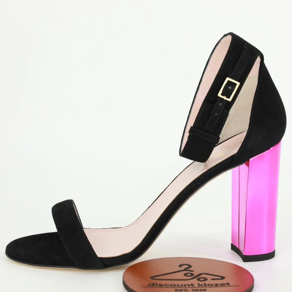 Kate Spade Ilona‎ Too Black Kid Suede Fuchsia Mirror Block Heel Sandals 9.5M
